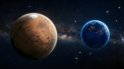 Fototapeta premium Mars in Foreground with Earth's Night Side Showing City Lights, Milky Way Galaxy Visible Between Two Planets in Space