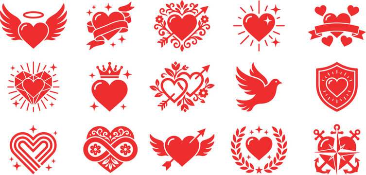 Set of rad pixel art heart icons for love and romantic wedding design themes