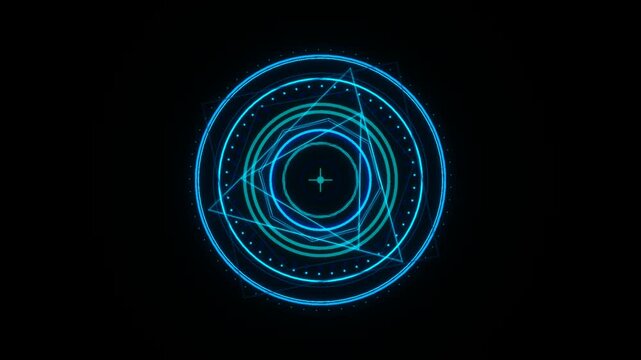 Abstract Blue Circles and Geometric Shapes Rotating on Black Background Futuristic Technology Concept.
