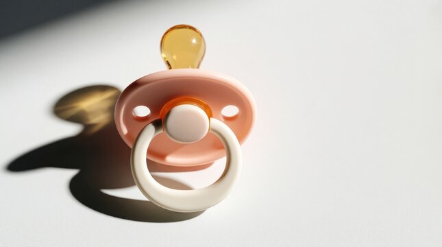 Soft pastel baby pacifier rests on white surface under bright morning sun. Single silicone dummy provides comfort for newborn infant inside nursery room. Minimalist design nursery accessory helps