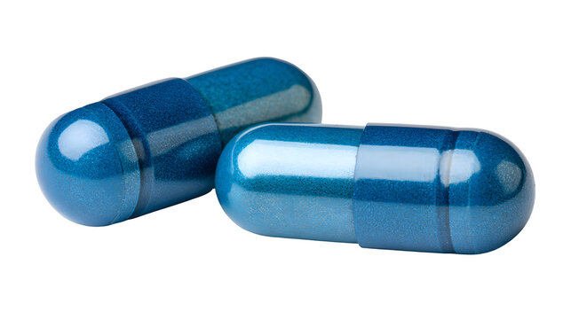 Two blue pills white background, medication capsules for health and wellness