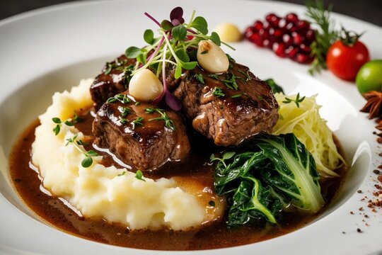 Braised veal cheeks with dark savory gravy served on white plate. Tender beef meat pieces with creamy mashed potatoes, fresh green cabbage leaves. Gourmet dish decorated with herbs garlic cloves,