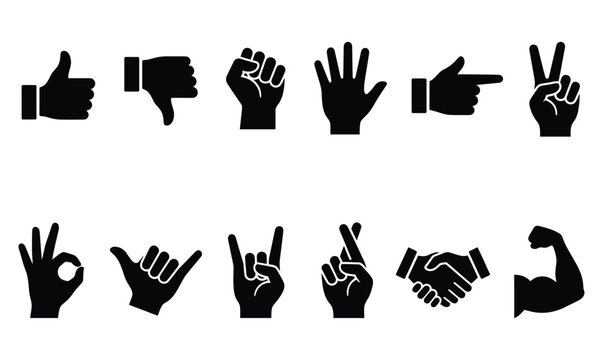 Set of black hand gesture icons representing various communication signs and common human body language