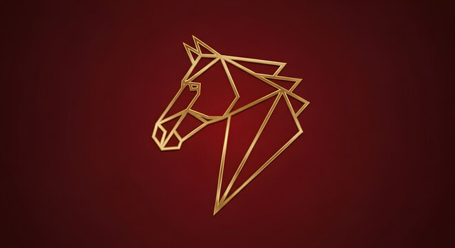 Elegant Golden Geometric Horse Head Logo Illustration on Dark Red Background