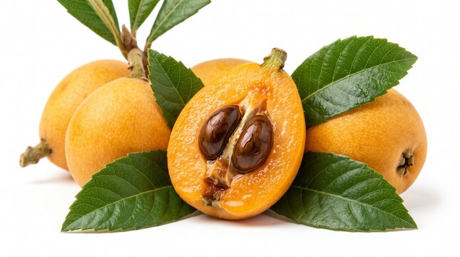 Fresh loquat fruits with leaves isolated on white background, isolated