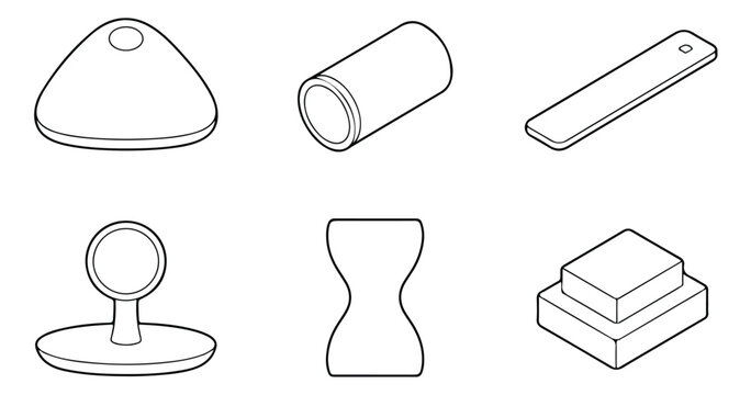 Isometric basic 3D geometric shapes vector set, 6 outline primitive forms for technical drawing, minimalist wireframe geometry icons for design