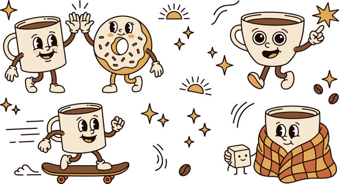 Retro cartoon coffee mugs and donut characters set vintage 1930s rubber hose style stickers with coffee cup, donut, and sugar cube