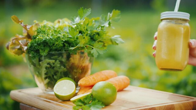 Freshly prepared healthy orange and green fruit and vegetable smoothies in mason jars set on a wooden board outdoors in lush green garden during daytime organic drink for detox and healthy living.