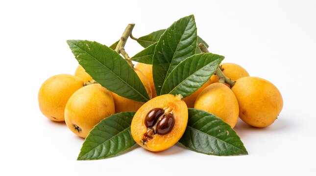 Assorted fresh loquat fruits with green leaves on white surface, isolated