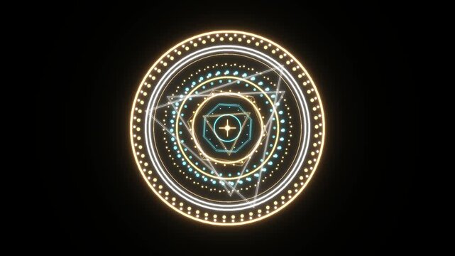 Mystical Magic Circle with Glowing Energy and Sacred Geometry on Black Background.