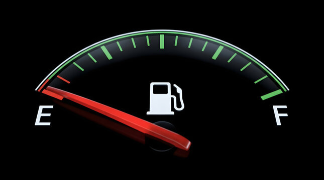 Dashboard fuel gauge showing empty tank with red needle at E, fuel pump icon, green to red scale, and black background featuring gas gauge, car dashboard, fuel indicator, low fuel and E marker