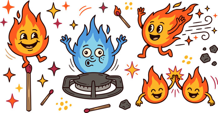 Set of cute fire character stickers, funny flame mascots with different emotions and actions, vector illustration