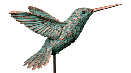Fototapeta premium Verdigris hummingbird garden stake isolated on white background, copper patina bird sculpture for outdoor decoration