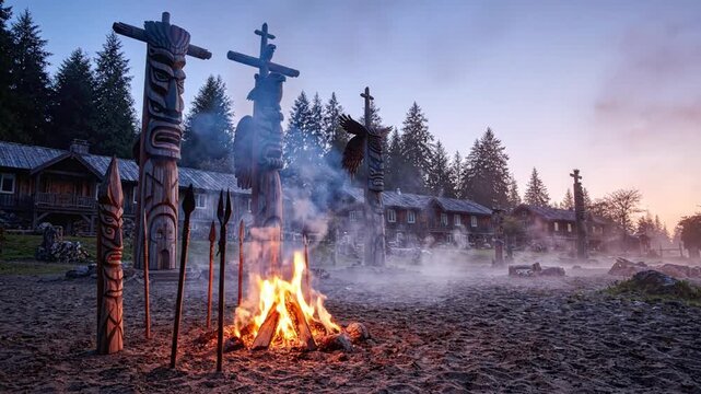 Indigenous Totem Poles and Campfire in Misty Forest Village at Dusk