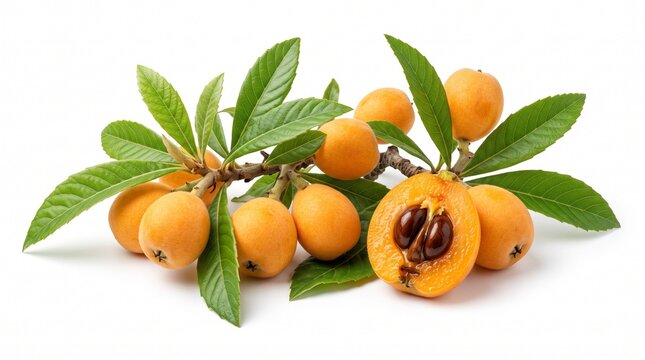 Fresh loquat branch with multiple fruits and green leaves, isolated