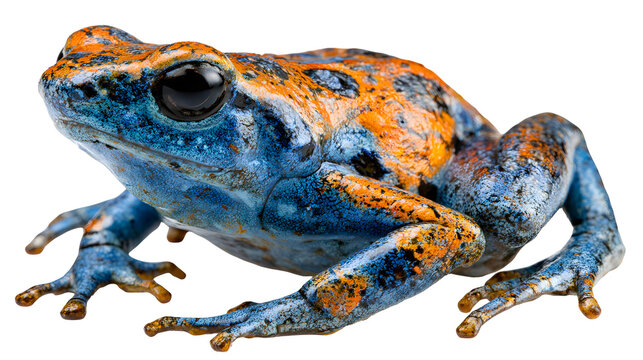Vibrant blue and orange mottled frog with prominent black eyes, isolated on white background