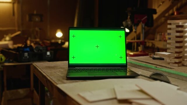 Laptop with green screen and tracking markers on wooden workbench in carpentry workshop, camera slowly zooming out. Footage is perfect for showcasing woodworking software or online courses