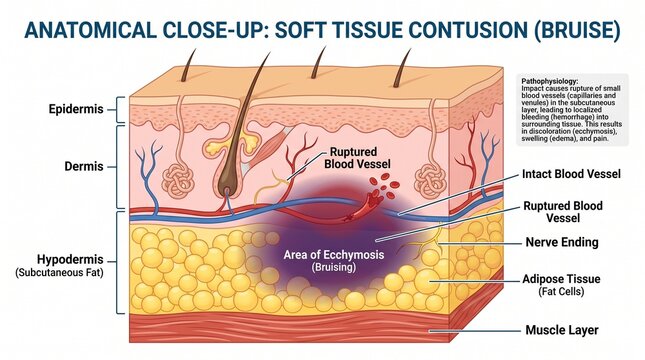 Medical Cross Section of Human Skin Layers Showing Soft Tissue Contusion and Bruising