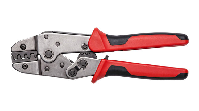 Crimping pliers with red and black grips on white png isolated on transparent background