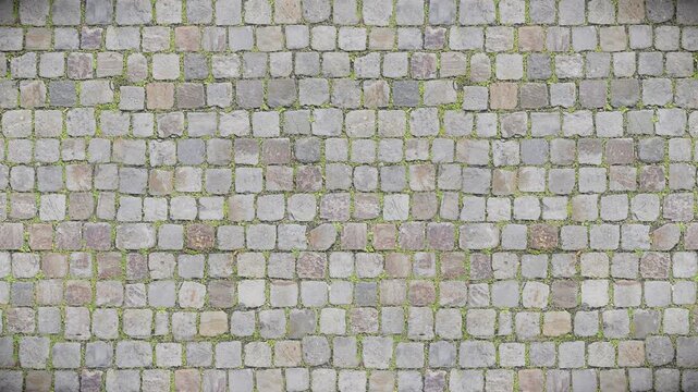 Weathered gray paving stones and green moss form a seamless loop texture.