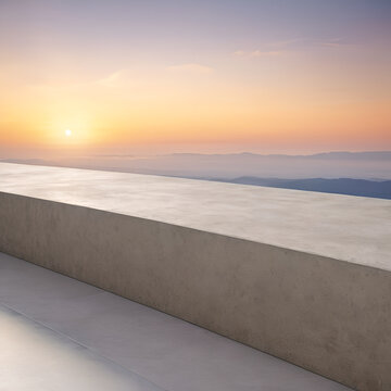A man sitting on a ledge looking at the sunset, Front view of a smooth polished concrete architectural ledge against a soft gradient sunset sky