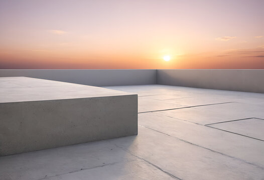 A concrete bench on a roof with the sun setting in the background, Front view of a smooth polished concrete architectural ledge against a soft gradient sunset sky