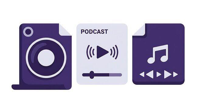 Stylized media files audio speaker podcast and music icons vector graphic