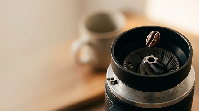 Single roasted coffee bean falling into a manual grinder burr