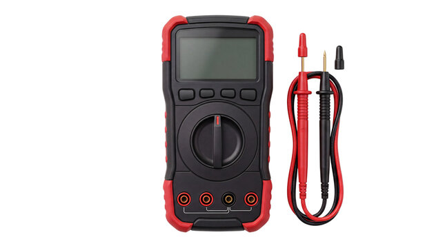Digital multimeter with red and black probes on white png isolated on transparent background