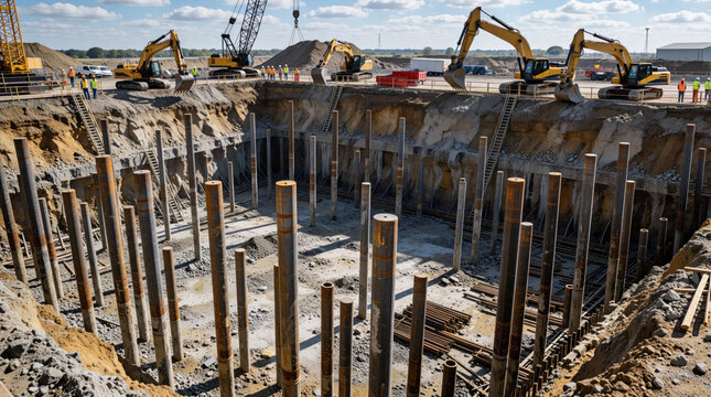 Heavy machinery excavates a deep pit for construction. Steel piles are driven into the ground. Workers oversee the massive groundwork project. Future building foundation progress.