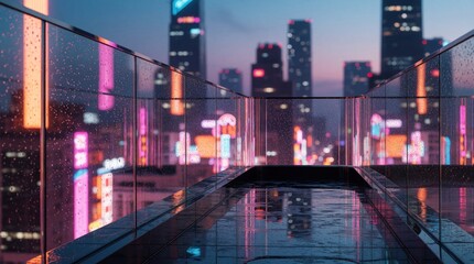 Obraz premium Rain streaks glass balcony overlooking neon city at night. Wet floor reflects lights from modern skyscrapers. Futuristic urban landscape with glowing signs.