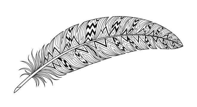 Highly detailed black and white feather illustration with intricate geometric and tribal patterns for coloring books or art projects.