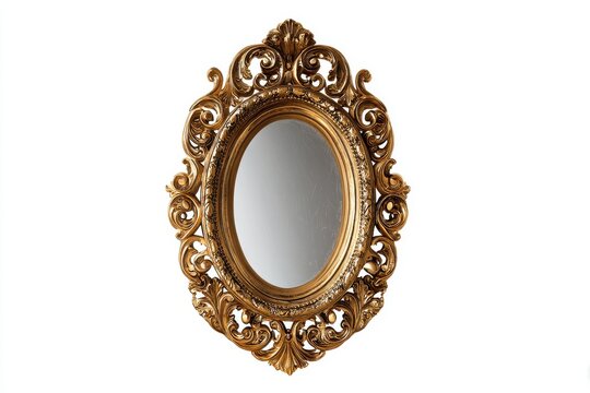 An ornate oval mirror with an intricately carved golden frame, exuding vintage elegance and sophisticated charm.