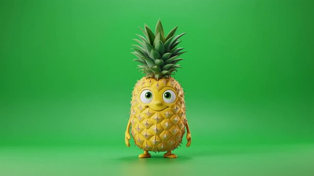 Animated pineapple character dancing joyfully with arms outstretched against a vibrant green background