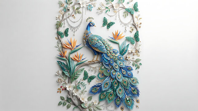 Elegant papercut artwork with ornate embellishments against neutral background presents sophisticated papercut floral branches butterflies