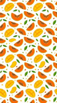 Tropical seamless pattern with papaya and mango fruit slices