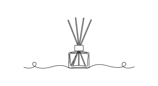 Minimalist single-line drawing of an aromatherapy diffuser with reeds on a white backdrop