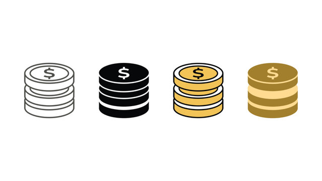 Four stacks of dollar coins in different colors and line styles
