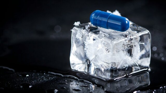 Cold Molded Ice Block with Blue Capsule in Water Splash on Dark Surface
