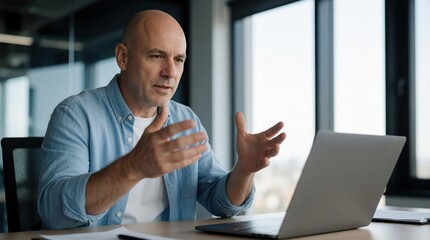 Fototapeta premium Bald man in blue shirt gestures with hands during laptop video call. He explains ideas, communicates online while working in modern office space. Man talks seriously to webcam during virtual meeting.