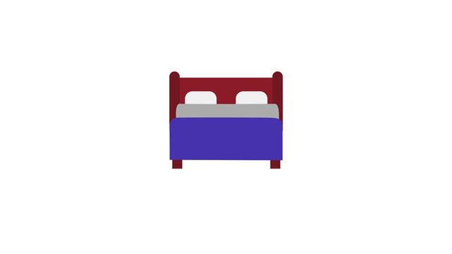 Animated wooden double bed with blue mattress and pillows isolated on white background. simple colorful double bed icon animation.