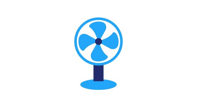 Animated 2D electric table fan icon motion graphic on white background. Fan fast spinning animation.
