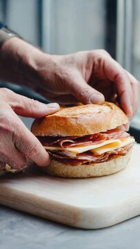 Hands holding sandwich on cutting board
