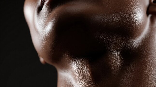 Sweaty skin texture of male athlete face during intense gym training. Closeup view shows drops of perspiration on dark skin jawline. Muscular body details reflect hard sport effort, extreme physical