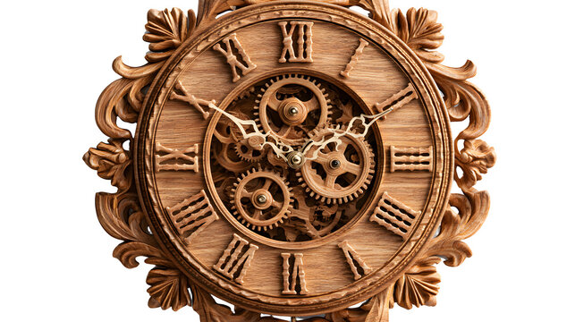 Wooden cuckoo clock with visible gears and Roman numeral dial, isolated on white background