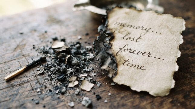 Burnt paper with handwritten text memory lost forever time, charred vintage letter on wooden table, ash and burnt matchstick on rustic surface