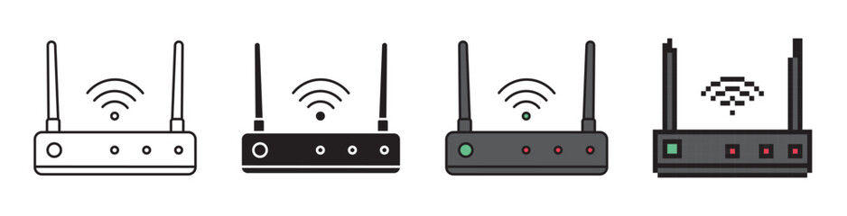 Fototapeta premium Wi-Fi router icon set in line art with editable stroke, solid glyph, color fill, and pixel art styles. Wireless internet connection vector symbol isolated on white background. School concept.