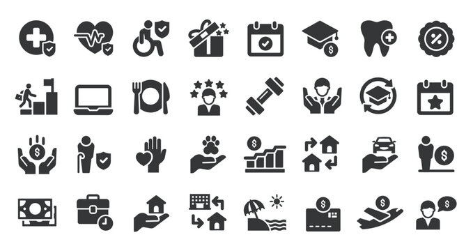 Employee benefits glyph solid icons collection. Containing reward, success, achievement. For website marketing design, logo, app, template, ui, etc. Vector illustration