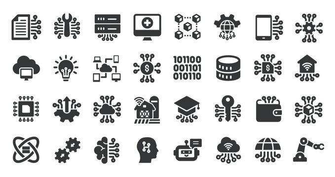 Digitalization glyph solid icons collection. Containing technology, artificial intelligence, robotic. For website marketing design, logo, app, template, ui, etc. Vector illustration