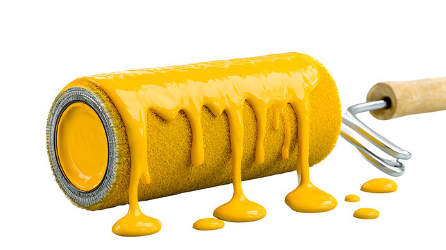 Yellow paint roller with dripping paint , painting tool for home improvement and renovation projects on white background